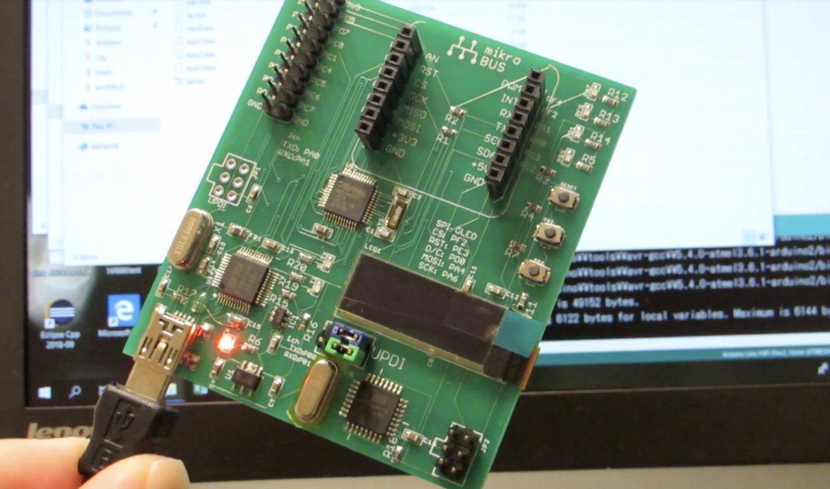 A custom ATmega4809 dev board with OLED display and embedded programmer: bit.ly/2E6Hcfc