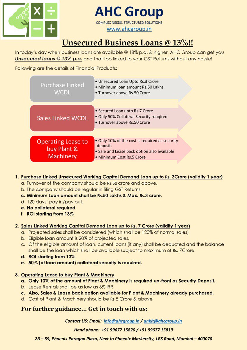 IndiaAhc's tweet photo. G.S.T backed Unsecured Working Capital Loan Up-to Rs.3 Cr @ 13%#GoodsandSimpleTax #acchedin https://t.co/fcE171V953