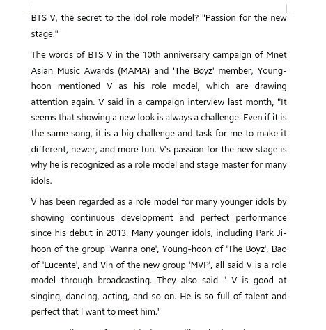 There was an article on Naver mentioning how Taehyung is the "PASSION FOR NEW STAGE" in Kpop industry as many younger idols said  #BTSV is their role model & that he is good at singing, dancing, acting, facial expressions,etcHE IS THE PERFECT IDOL  @BTS_twt https://m.entertain.naver.com/read?oid=022&aid=0003315653