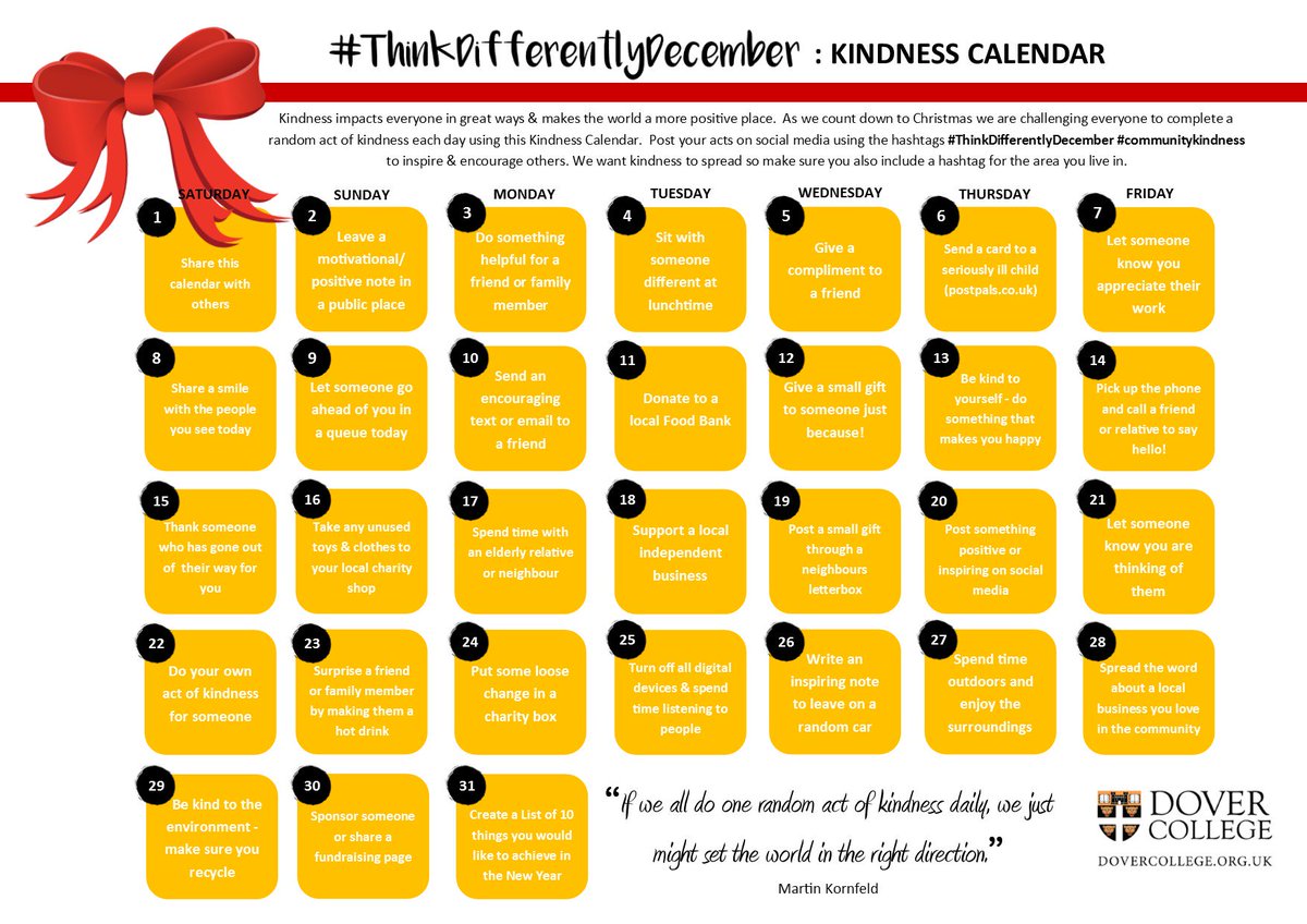 DovColArt's tweet photo. Lets help spread #kindness this December. Complete a #RandomActOfKindness for each day of the month. Please help spread the word &amp; share this with someone today #makeadifference #ThinkDifferentlyDecember #communitykindness #ChristmasIsComing #MakeSomeonesDay #FridayFeeling https://t.co/s0W5wBP1TF