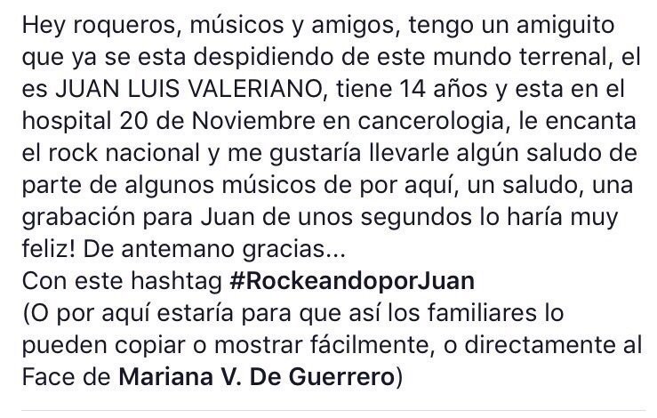Bandas de cualquier género, nuestro amiguito Juan Luis Valeriano quería rockear como todos nosotros y ya no podrá. Por favor regalenle un saludo en vídeo con el hashtag #RockeandoPorJuan