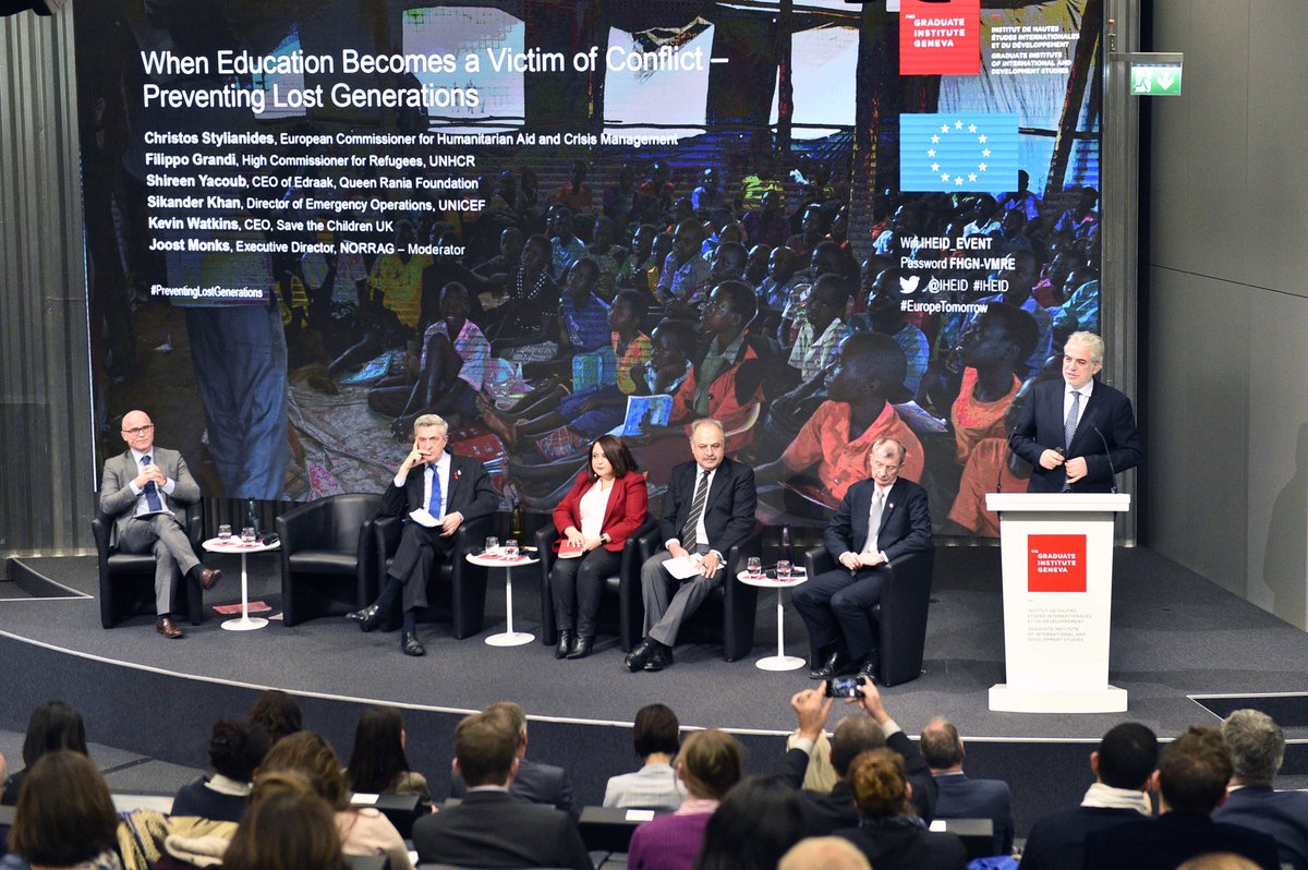 StylianidesEU's tweet photo. Speaking on #education in #emergencies @IHEID – my passion. 
It is an investment in the future &amp; in peace.
With one goal: to leave no child behind. 
I call on donors to increase their commitment. So that education in emergencies is not underfunded. 
#PreventingLostGenerations https://t.co/JC0gtneCY6