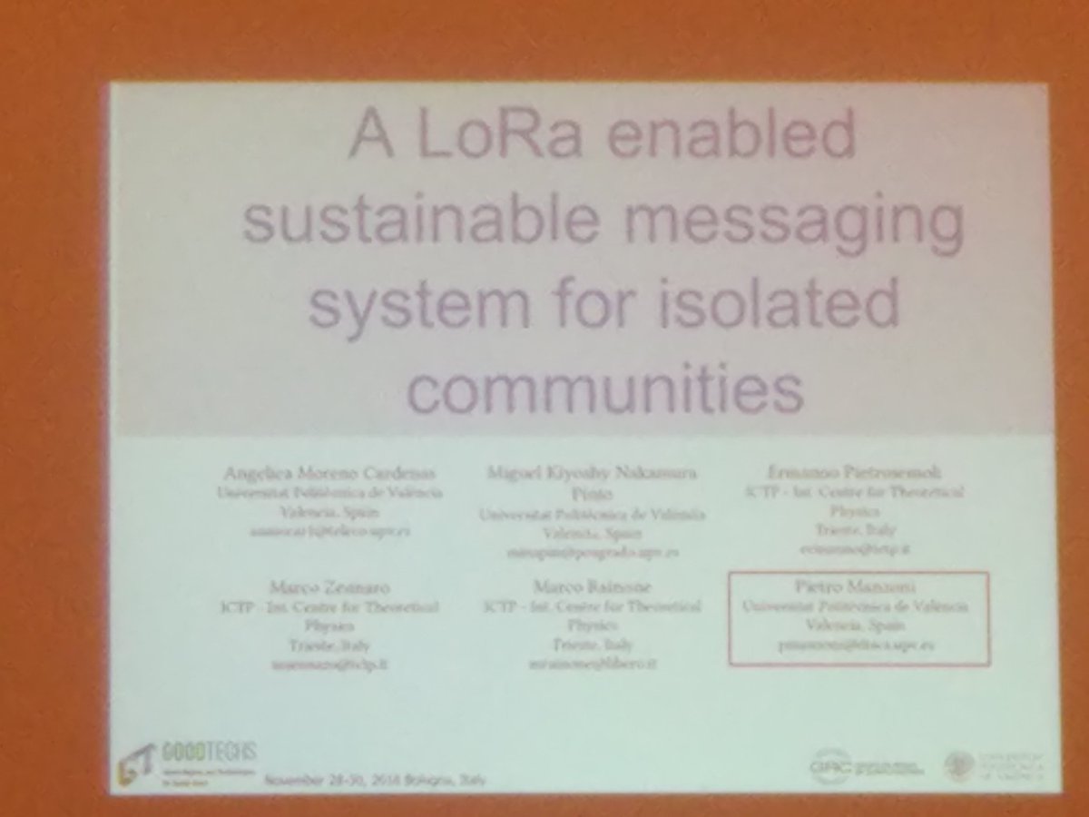 crdesarrollo's tweet photo. Session 11.1 - > A LoRa enabled sustainable messaging system for isolated communities #GOODTECHS2018 #Bologna #GOODTECHS https://t.co/Fx7iaHNzMb
