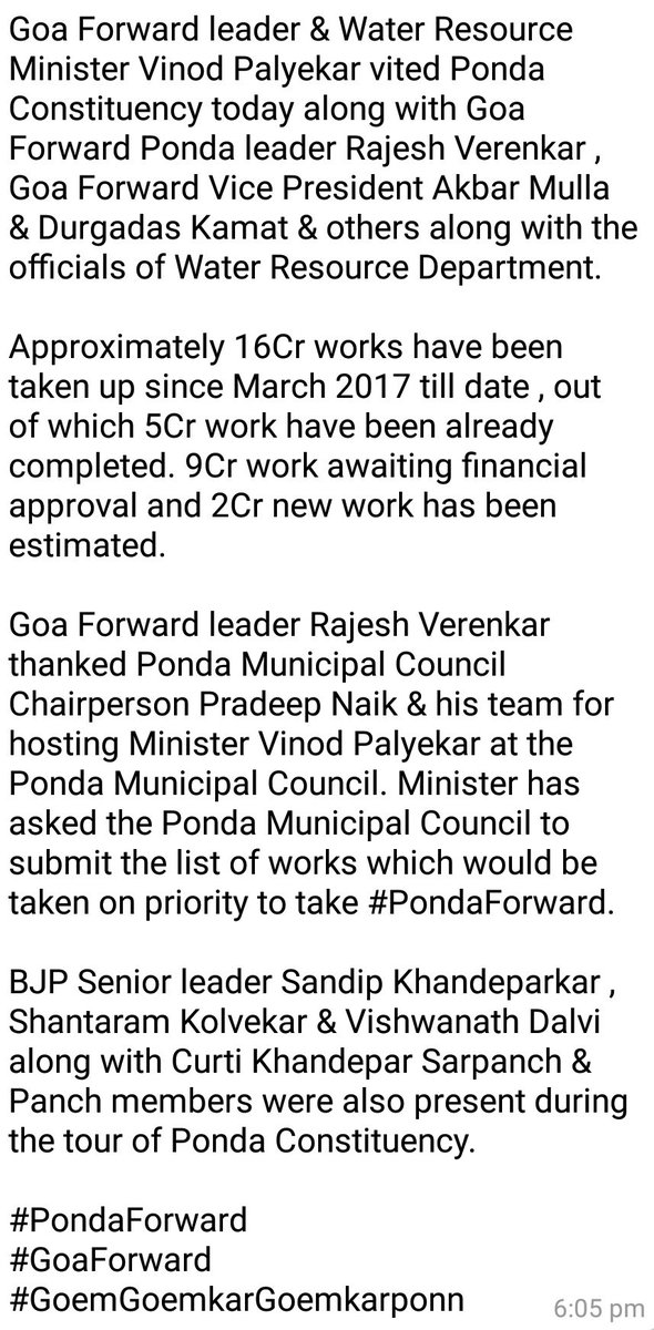 godwin_ferns's tweet photo. @Goaforwardparty leader and WRD Min @vinod_palyekar visited Ponda Constituency today along with GF Leader @RajeshVerenkar,GF VP @Akbar_MullaGF & @durgadasskamat & others along with the officials of WRD
@VijaiSardesai @Jayeshvsal
#PondaForward
#GoaForward
#GoemGoemkarGoemkarponn https://t.co/1jLT6zE4SG