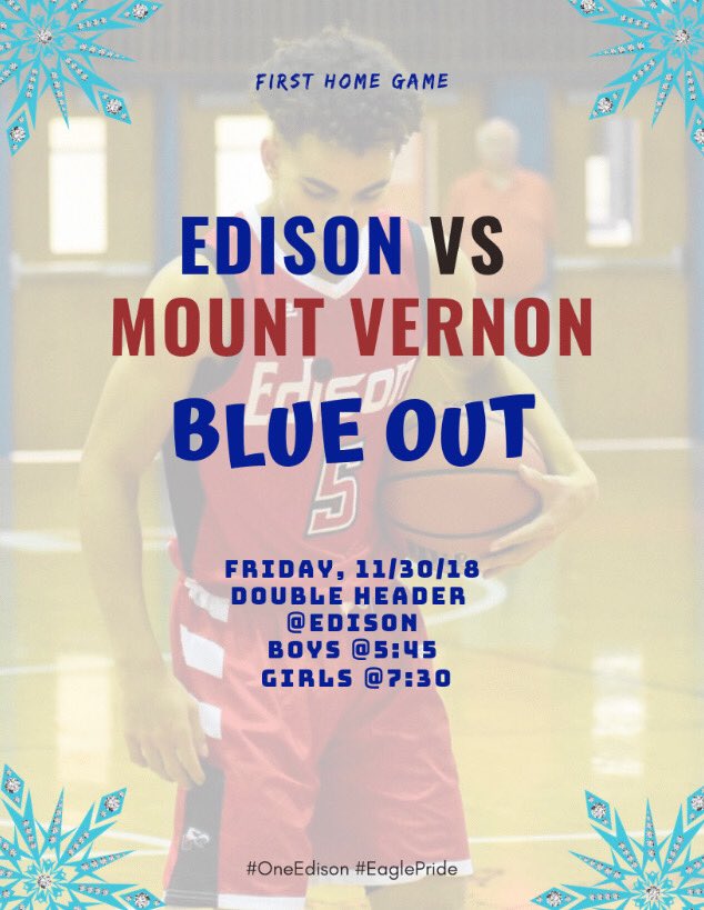 🔷🔵BLUE OUT TONIGHT🔵🔷
OUR FIRST HOME DOUBLEHEADER STARTS AT 5:45 AND THE GIRLS AT 7:30 MAKE SURE TO COME OUT AND SUPPORT #EAGLEPRIDE 🏀🏀
