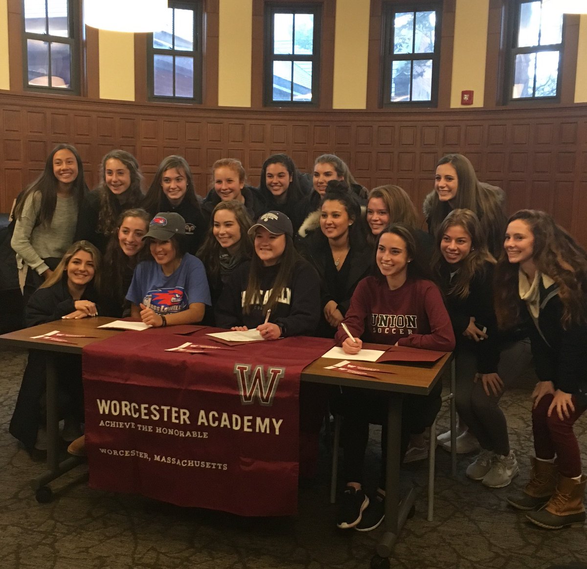 WA_GVS's tweet photo. Congrats to our 3 seniors who signed to play college soccer! Mitra Asdigha will play at UMass Lowell, Meg Nguyen will play at St. Anselm’s, + Kat Cawley will play at Union. We are so proud of their soccer journeys!  We were joined by @WorcesterGvbb for the celebration #WAGVS 🐏⚽️ https://t.co/8ja0PmGMPD