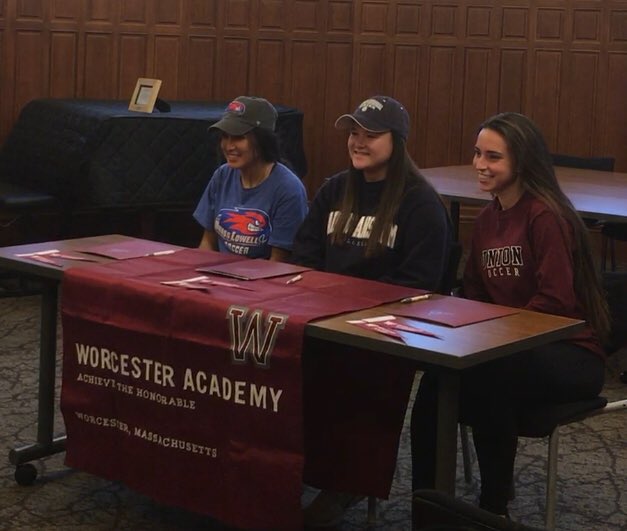 WA_GVS's tweet photo. Congrats to our 3 seniors who signed to play college soccer! Mitra Asdigha will play at UMass Lowell, Meg Nguyen will play at St. Anselm’s, + Kat Cawley will play at Union. We are so proud of their soccer journeys!  We were joined by @WorcesterGvbb for the celebration #WAGVS 🐏⚽️ https://t.co/8ja0PmGMPD