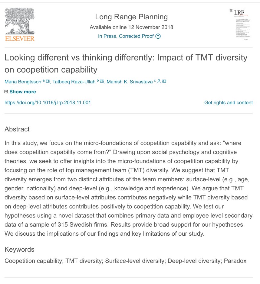 Tatbeeq's tweet photo. Does looking different also mean thinking differently? Not necessarily!
We made an initial attempt to tease out the functional and dysfunctional role of #Diversity in developing #Coopetition capability. https://t.co/cdG1TbFTm7. @Strategic_Mgmt @CoopetitionWRLD @paradox_bothand https://t.co/4aBy4KMfgx