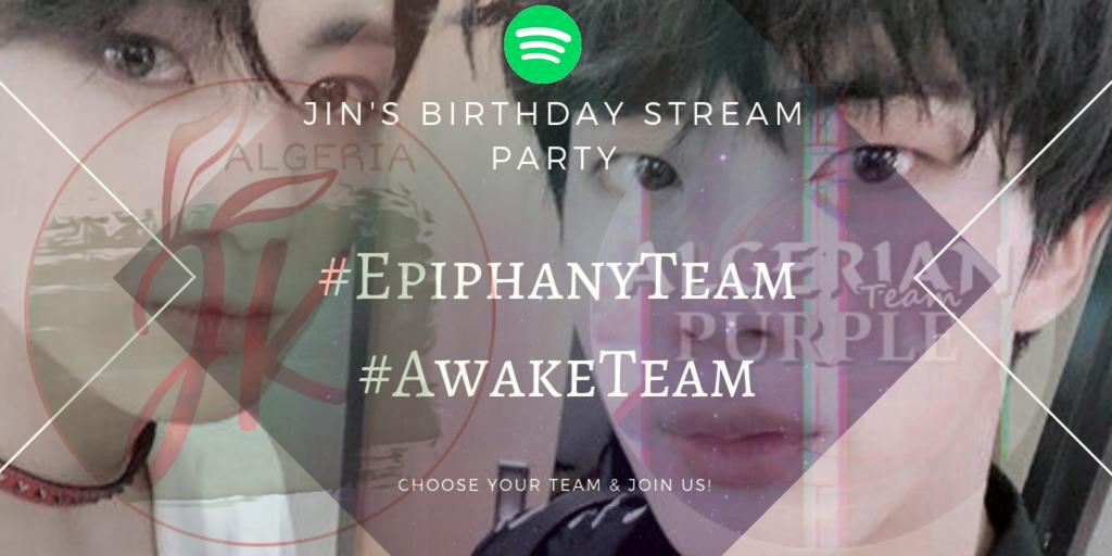 JK_Algeria's tweet photo. 🔄Jin's Birthday stream Party by @Purple_TeamDz 🔄
Since we're invited in this stream Party here is "JinKook" Playlist
(https://t.co/5S4sk4IQxk)
•There will be 2 teams: #EpiphanyTeam & #AwakeTeam
•Time:
🔸1st round: 3Pm to 5:30Pm.
🔸2nd round: 6:30Pm to 9Pm
Join us please! https://t.co/Wn3BLPlrlg