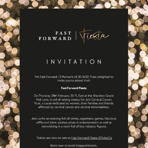 RCRcareers1's tweet image. What a great cause! @FastForward15UK is a charity event @SheratonGrandPL supporting a brilliant cause-Jo’s Cervical Cancer Trust @JoTrust.  Well done to all those involved. Save the date–28/2/19. Spread the word and we will see you there.
#fastforward15 #ff15fiesta #eventprofsuk
