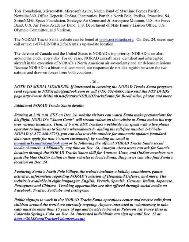 USNorthernCmd's tweet photo. The holiday season has finally arrived! As we continue to monitor the skies over Canada and the U.S., NORAD and its partners are beginning preparations to track Santa and provide up-to-the-minute updates to children around the world! Here is the official 2018 press release. https://t.co/IbEap76Gbw