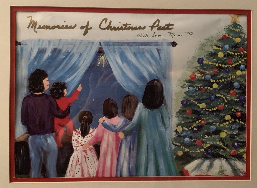 jackiKY's tweet photo. Our mom was such a big part of Christmas, and still is. She did this painting of me and sibs as a gift to us, capturing memories made growing up together in MN. ❤️

@ItsMsDarcy @mjlacore @amyoused1 
#bestgiftsever 
#momsart https://t.co/4EZ82CAP1M
