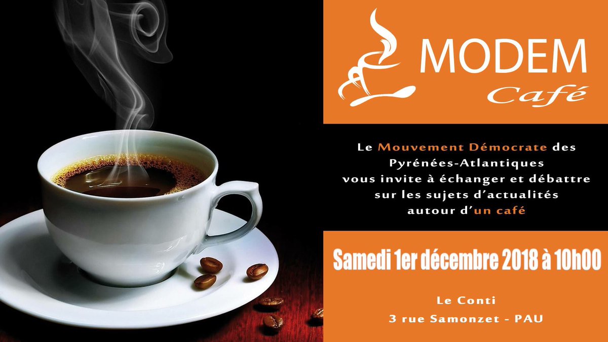 MoDem64's tweet photo. 💬 Le prochain #ModemCafe est déjà demain !!! On vous attend nombreux à partir de 10h au restaurant le Conti à Pau (rue Samonzet) pour parler d’actualité autour d’un café bien chaud et de viennoiseries ! 🥐☕️ https://t.co/JPpR5i2W54