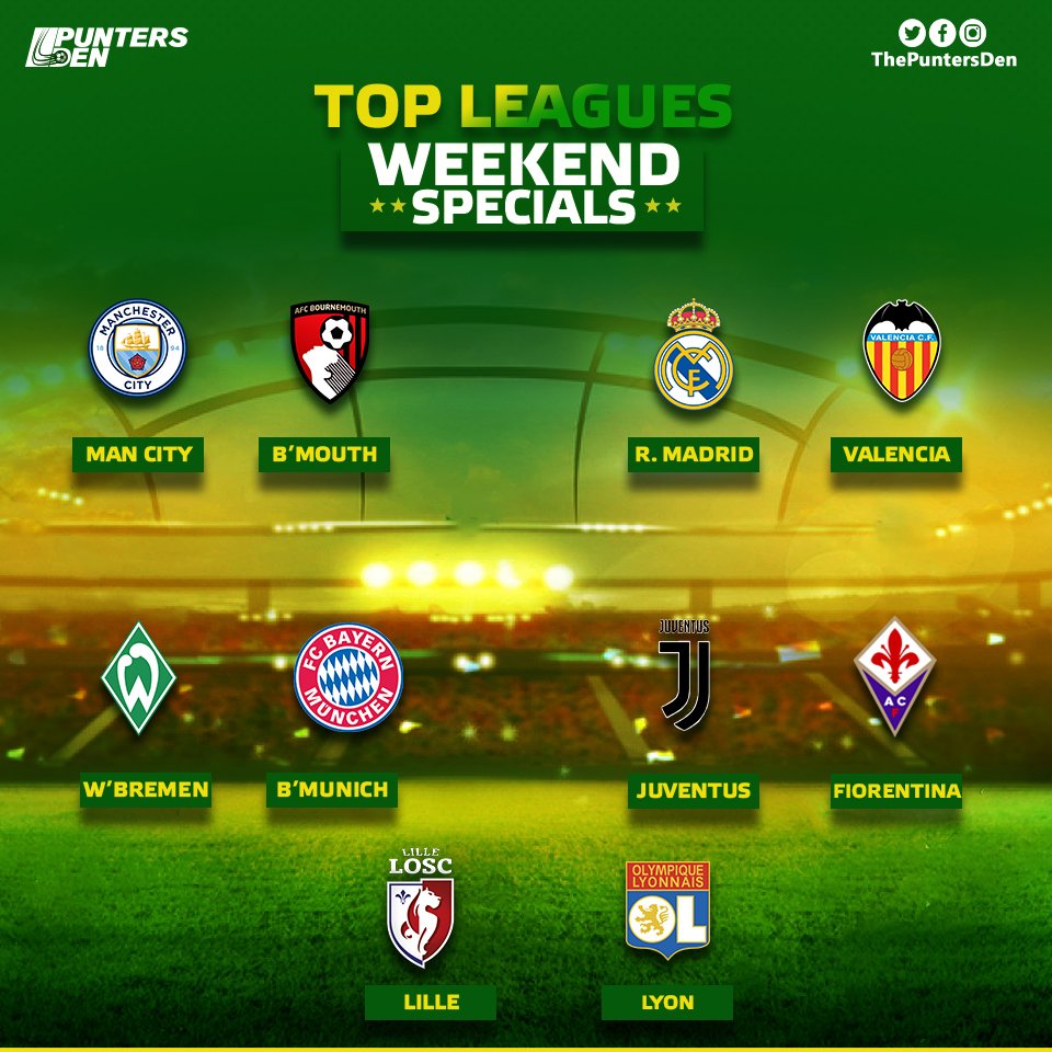 thepuntersden's tweet photo. Check this mouth watering fixtures from Europe's top football leagues and head to our IG page to get our tips so you can cash in on them. #PuntersDen https://t.co/TlOMfVaL0K