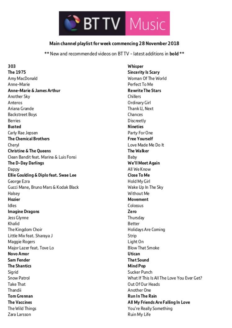 ✨📺✨ The latest @BT_UK Playlist features ace new videos by <a href="/TheShantics/">The Shantics</a> <a href="/official_303/">🦋 303 🦋</a> <a href="/iamnovoamor/">Novo Amor</a> <a href="/Hozier/">Hozier</a> <a href="/the1975/">The 1975</a> <a href="/QueensChristine/">Christine and the Queens</a> <a href="/ChemBros/">The Chemical Brothers</a> <a href="/samfendermusic/">Sam Fender</a> <a href="/Tom_Grennan/">Tom Grennan</a> &amp; loads more! Watch them all on demand via BT TV &amp; Youview 👊🏼