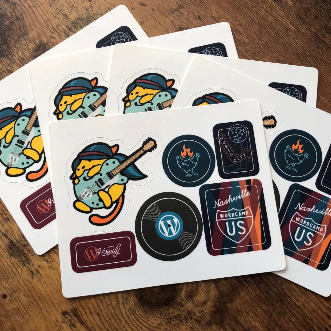 WordCampUS's tweet photo. #WCUS is so close you can almost taste the hot chicken! We're just 7 days away from Nashville. The team is extremely excited to see all of you. So much so, we just couldn't resist sharing our sticker sheet, designed by @christinablust. https://t.co/bHwQYzWP15 #WordPress #WordCamp https://t.co/44gRmwhGLN