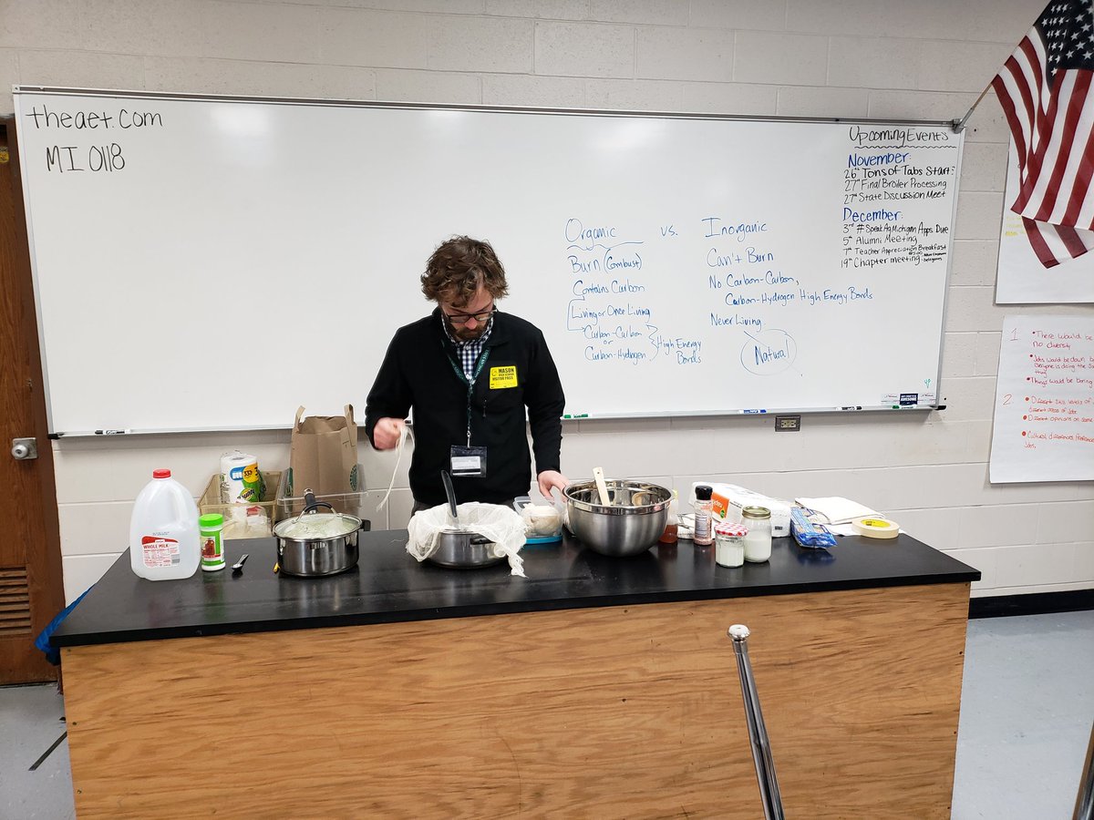 BuddyMcKendree's tweet photo. Excited to be at Mason High School with #AFNREMethods students. Here Nick Console prepares his lesson on making cheese before class starts. @MITeachAg #TeachAg https://t.co/kXvYomsG7f