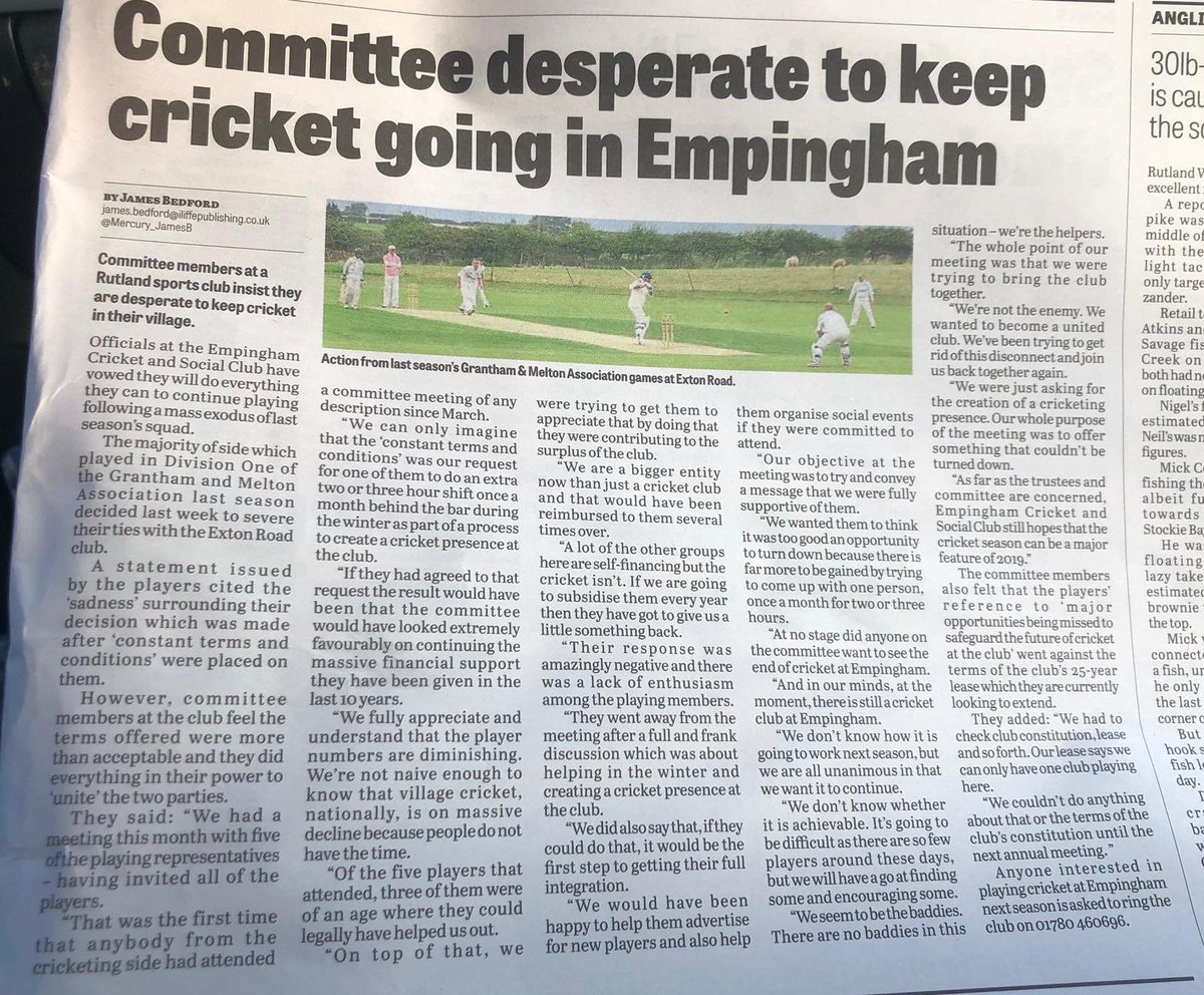 In the interest of balance, the Empingham Social Club committee’s response in this week’s <a href="/Mercury1712/">Stamford Mercury</a>  

Delighted to hear they are now focused on sustaining cricket in the village &amp; wish them the best of luck