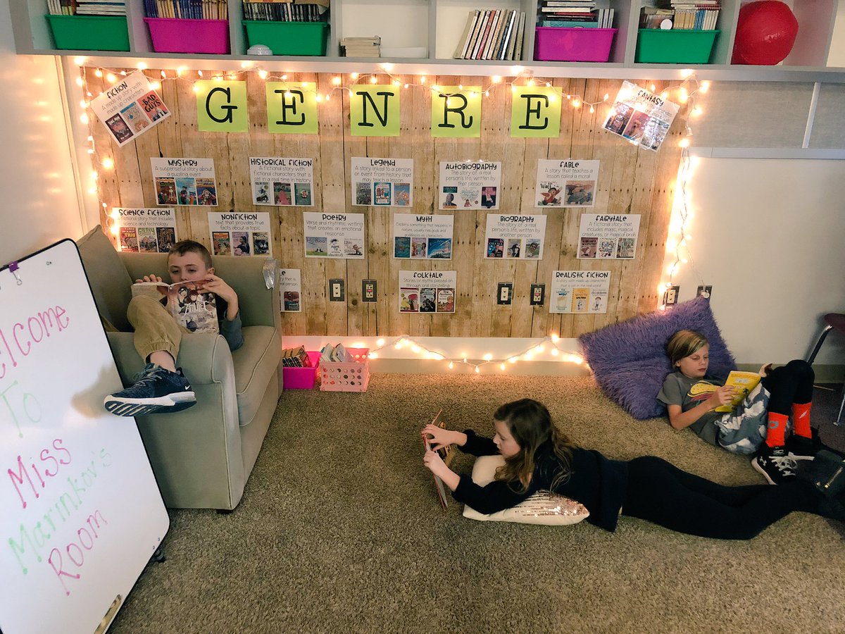 MissMarinkov's tweet photo. My favorite part about our independent reading time is the seating arrangement. Kiddos can lay/sit/stand/curl up in a ball anywhere they want! It makes it so much more enjoyable for them and creates an encouraging reading environment! #cwrocks https://t.co/3waXLNmDo5