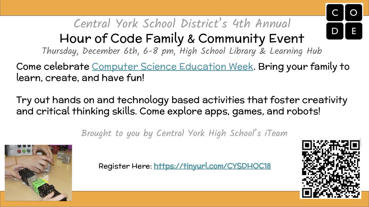 Celebrate <a href="/CSEdWeek/">CSEdWeek</a> 2018 at <a href="/centralyorkhs/">centralyorkhs</a> <a href="/centralyorksd/">Central York School District</a> <a href="/hourofcode/">Hour of Code</a> Family and Community Event. December 6, 2018 <a href="/CYHSHub/">CYHSHub</a> from 6 - 8 pm. Free sign up at tinyurl.com/cysdhoc18 .  youtube.com/watch?v=9nP10n… ….