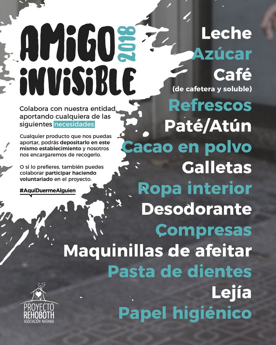 asocnatania's tweet photo. ¡Nosotros también queremos jugar! 💚 Participa en nuestro #AmigoInvisible solidario aportando algún producto de esta lista y ayúdanos a difundir la campaña para que llegue más gente.

#AquíDuermeAlguien #sinhogarismo #sinhogar #exclusiónsocial #situaciónderiesgo #voluntariado https://t.co/6m429HDkXR