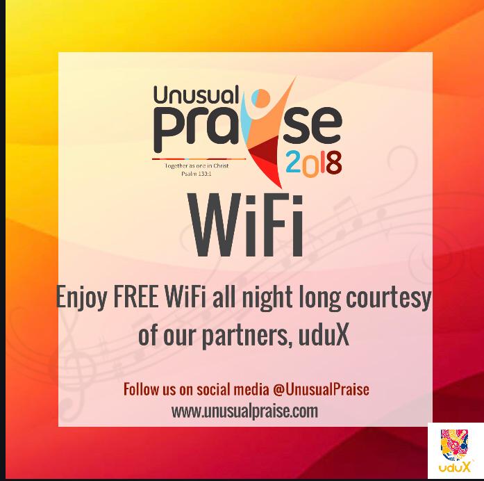 unusualpraise's tweet photo. There will be super fast Free WiFi @UnusualPraise2018 courtesy of our partners uduX (@uduxmusic)

Sharing #Unusualpraise memories with your family and friends on social media will be Unusually Fun

#UP2018
#UnusualPraise
#unusualpraise2018 
#TogetherAsOneInChrist https://t.co/EyX9rkvGFk
