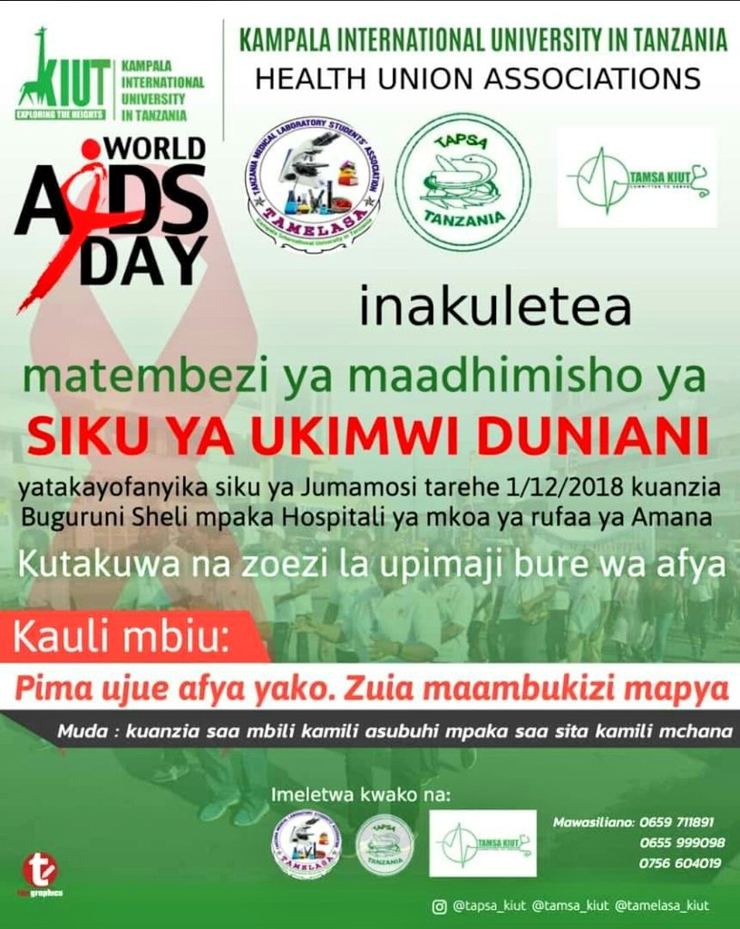 KiutTapsa's tweet photo. "Afya yangu uhakika wa maisha yangu" tuungane wote katika siku ya UKIMWI DUNIANI ,kuzipa afya zetu kipaumbele kwa furaha na umoja wetu pale 
Amana Hospital. 
#tapsakiut
#tamsakiut
#tamelasakiut
#tapsatanzania
#who
#tacaids
#wizarayaafya
#knowyourstatus https://t.co/ZReWYaWdJb