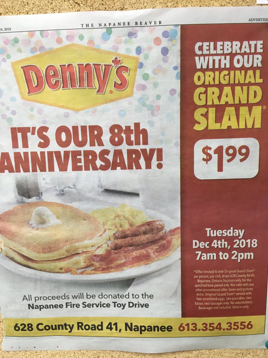 Come out to Denny’s on Tuesday the 4th for a fantastic breakfast served till 2:00pm. Firefighters will be serving up Grand Slams for $1.99 with all proceeds going to our annual Toy Drive and food basket program. Hope to see you all there.
