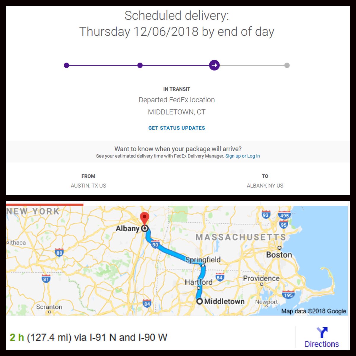 amos485's tweet photo. I think my @FedEx driver might actually be walking my package here.... https://t.co/0bGpkJlUfB