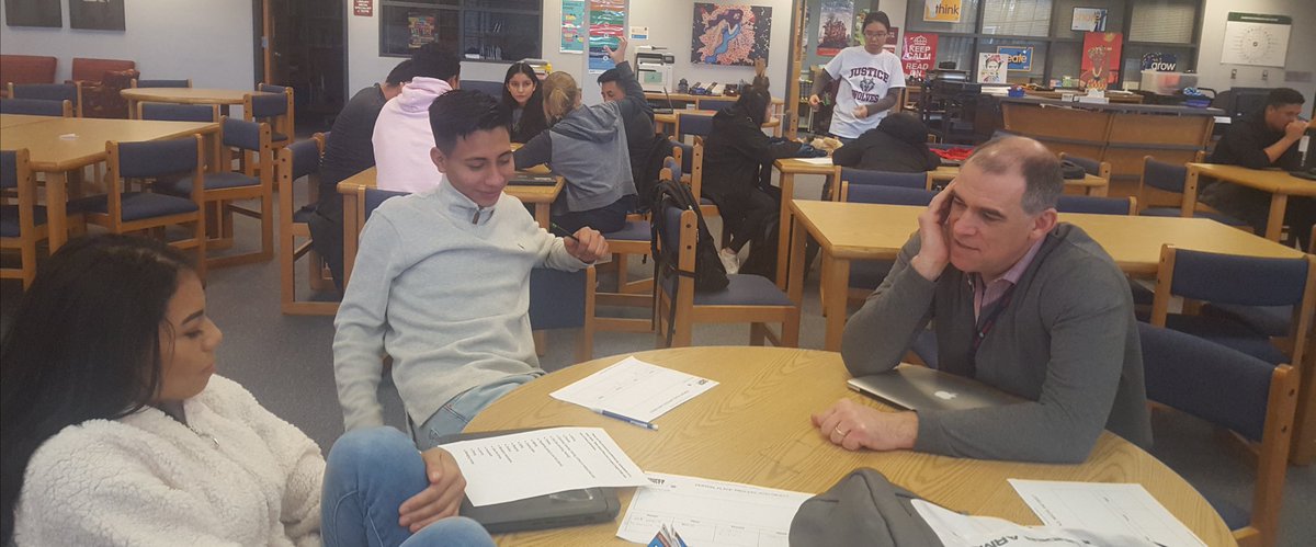 Justice_Library's tweet photo. Ms. Van Vranken's #Capstone students discussing #process and definitely UP for the #FCPS #SharkTankChallenge https://t.co/vFUY8dB17h
