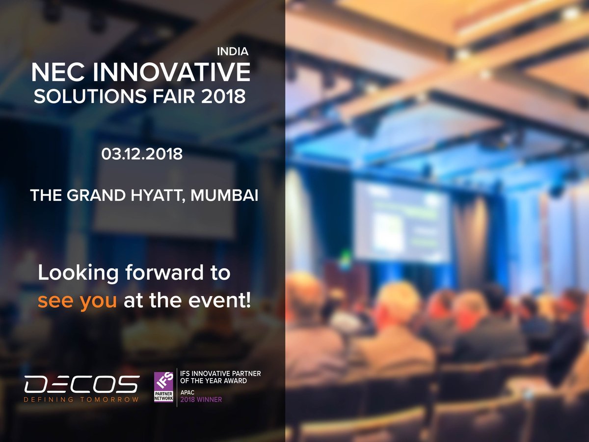 GlobalDecos's tweet photo. NEC Technologies India Private Limited, together with NEC Corporation, is hosting the 6th edition of NEC Innovative Solutions Fair(NISF) 2018 in Mumbai, India. Decos is Read more: https://t.co/dfx5qzzoXt

We will see you at the Event!!

#DigitalGovernance #Digitization #NISF2018 https://t.co/dpvQ5WNXVT
