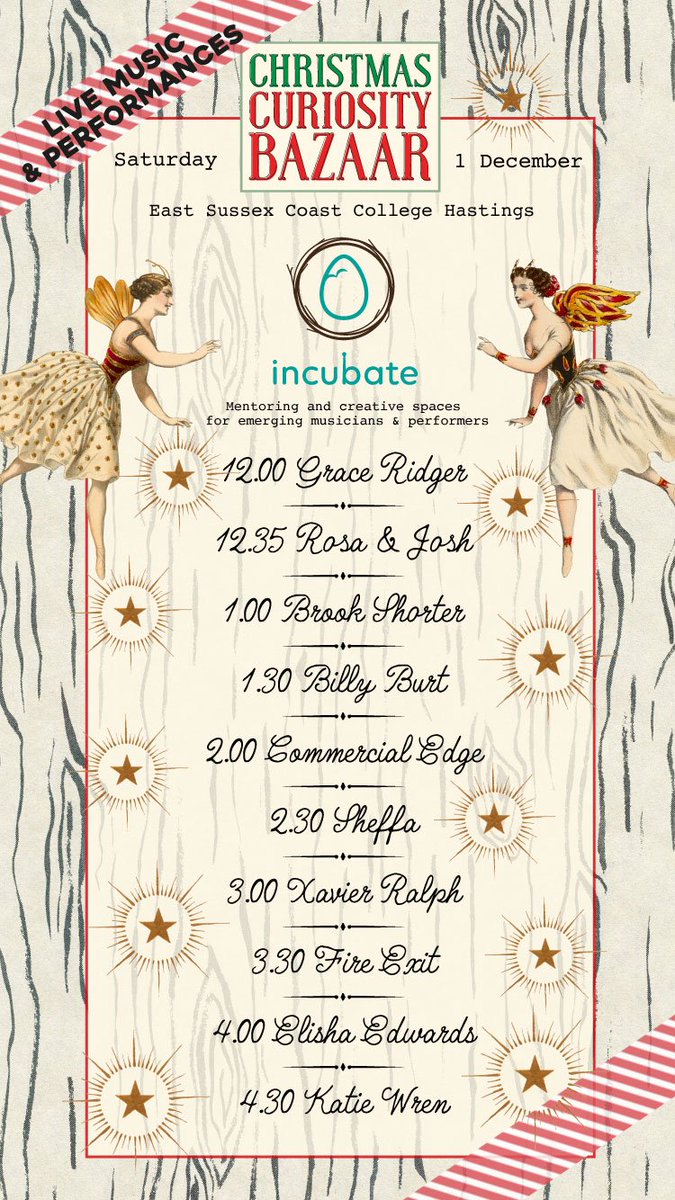 CuriosityBazaar's tweet photo. Announcing....drum roll🥁... the Incubate @EggtoothProject set list of musicians and performers for tomorrow! Incubate TOMBOLA tomorrow as well! Support and/or prize donations big or small are appreciated. Just bring it along tomorrow or sally@eggtooth.org.uk #christmasmusic https://t.co/aMeswBPN8f