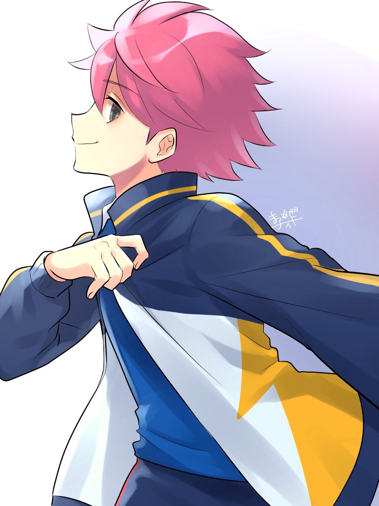 1boy solo male focus pink hair jacket smile shirt  illustration images