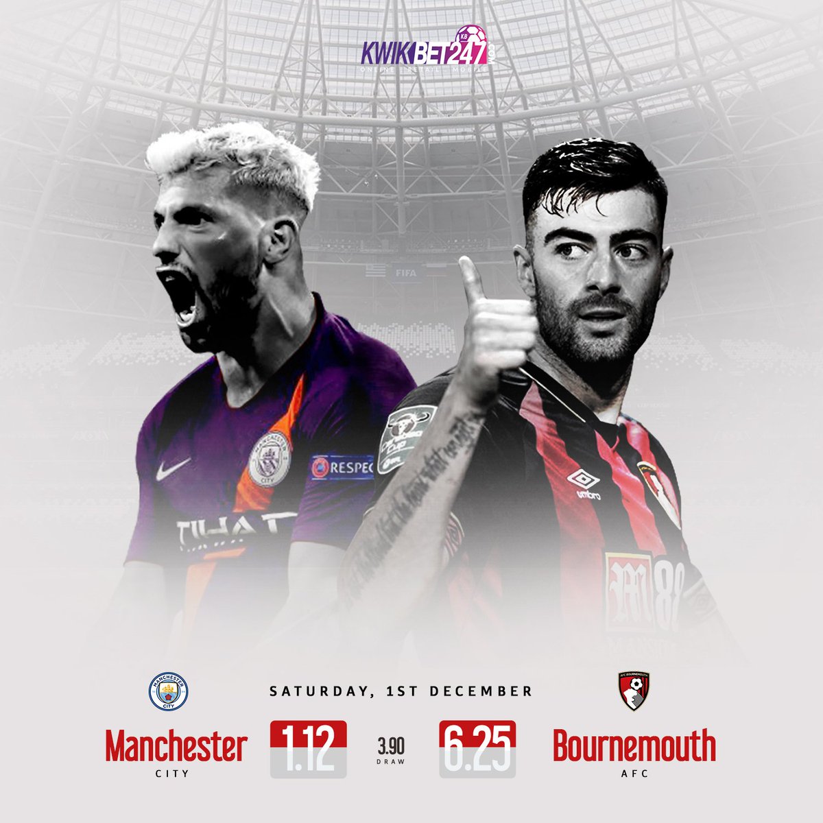 Kwikbet247's tweet photo. On 1st Dec18, @ManCity &amp; @afcbournemouth go H2H.Last meeting ended with result : @ManCity 4 - 0 Bournemouth.
Out of 6 meetings, @ManCity have won 6 matches while AFC Bournemouth won 0. 
Previous matches btw @ManCity and Bournemouth have averaged 3.83 goals.
#hammerwithkwikbet247 https://t.co/cTN4nODTtp
