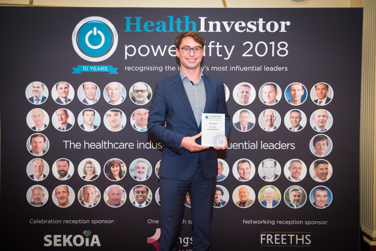 HealthInvestor's tweet photo. @CanfordHealth @OomphWellness @KingsleyHomes Great to see Ben Allen win the ‘One to watch’ category. One of the judges described his work as “making a real difference and [he] has soooo much energy!” #HealthP50 https://t.co/PdahEgMlNt