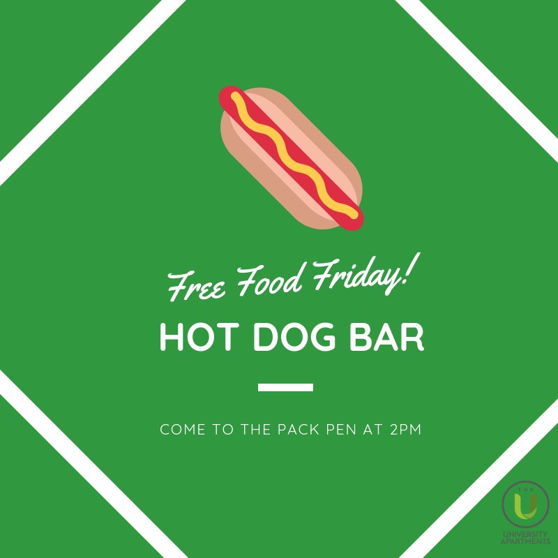 wilderaleigh's tweet photo. Come enjoy hotdogs in the pack pen at 2PM #freefoodfriday #theuraleigh https://t.co/VnUb7Mc2pa