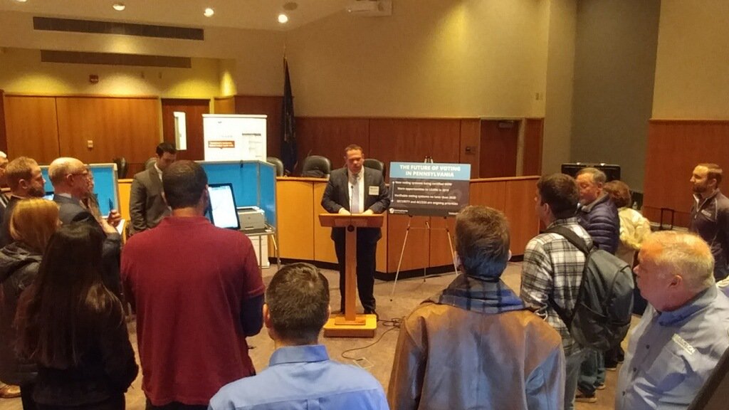 PAStateDept's tweet image. Thank you to all of the citizens, vendors, experts, reporters &amp;amp; officials who attended last night’s New Voting Systems Expo in State College. We hope all your questions were answered, and you left with a better understanding of the new technology available.