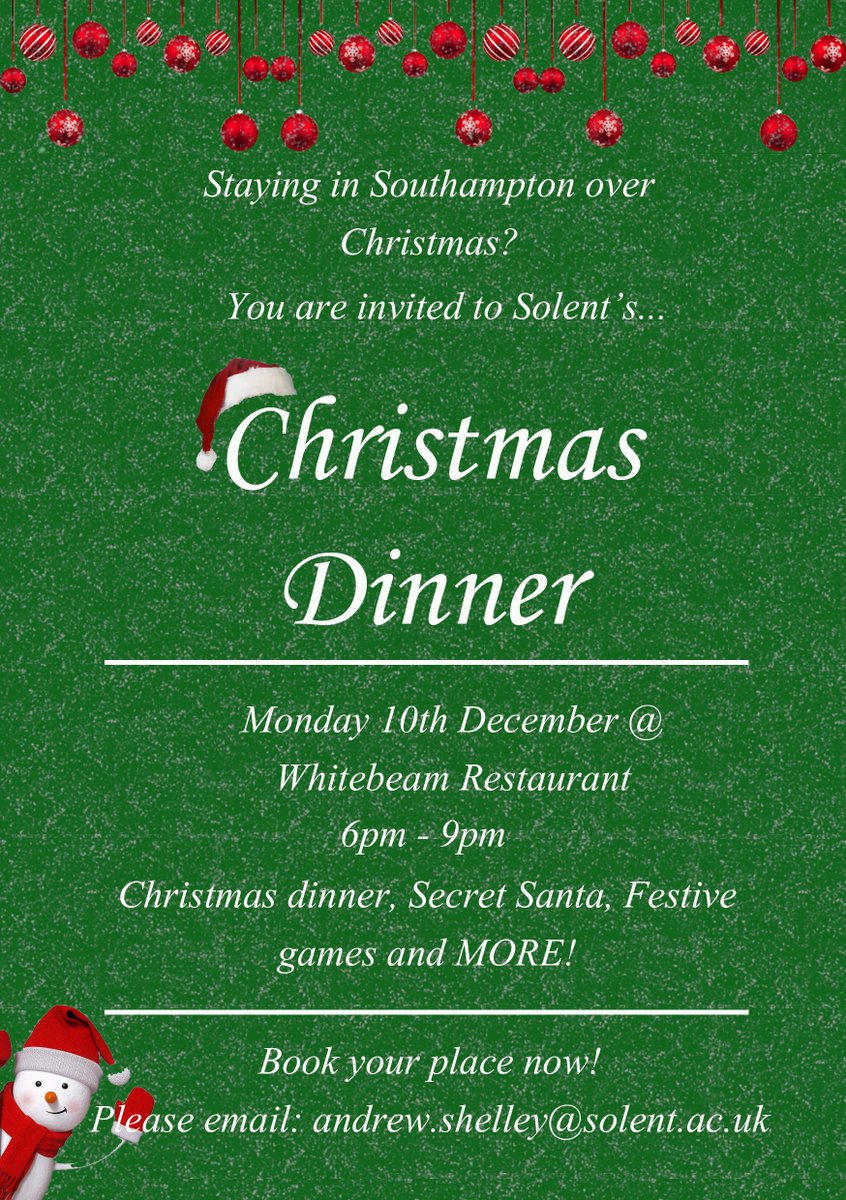Solent_Hub's tweet image. Monday 10 December, we're throwing a FREE Christmas dinner and party; with quizzes, games, presents and prizes. If you are staying in Southampton over the festive period and would like to attend, write to the email address on the poster ASAP. Limited spaces available! @solentuni