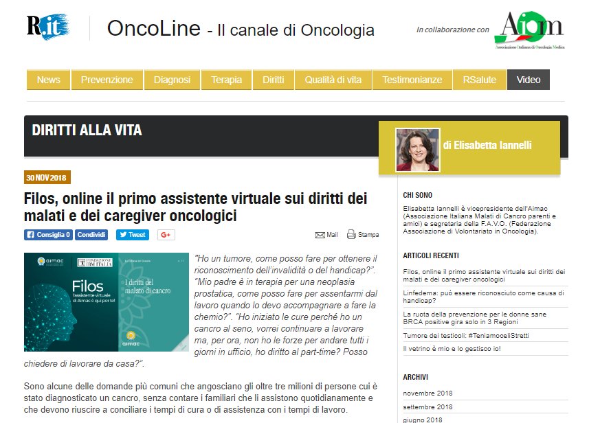 aimac_it's tweet photo. Articolo su #Filos.
Su #Oncoline di @repubblica il nuovo articolo di @EIannelli: "Filos, online il primo assistente virtuale sui diritti dei malati e dei caregiver oncologici".
Leggi l'articolo completo: https://t.co/heKOjhEDp8
#Dirittiallavita #FilosPerTe #AimacPerTe https://t.co/FgvnAcYqHZ