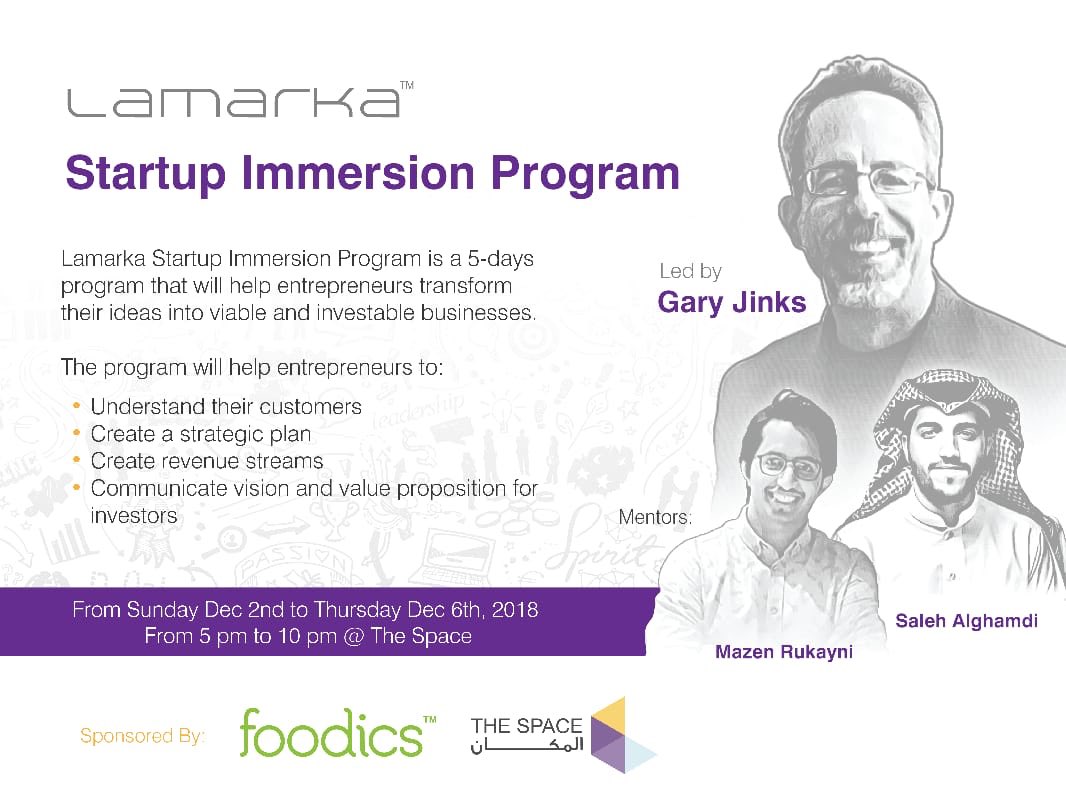 Lamarka friends and buisness family are running a one week #startup immersion program designed to transform ideas into viable and investable businesses. 
If you have a startup or a friend you want to nominate.
📍 The Space - Riyadh
🔗 Sign up NOW: goo.gl/forms/GhnqVWxH…