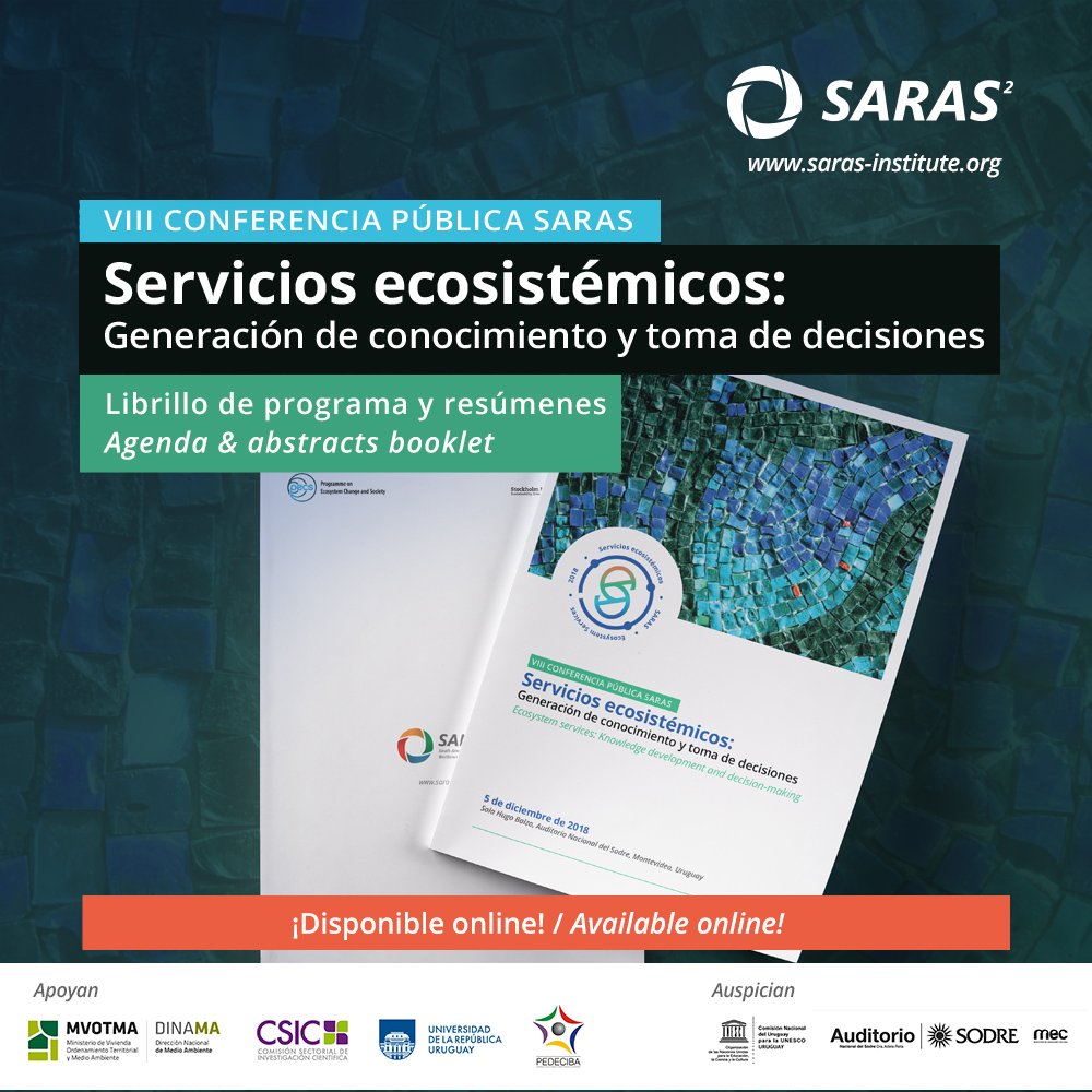 sarasinstitute's tweet photo. Aquí el link de descarga para el librillo de la VIII Conferencia Pública SARAS 2018 del próximo miércoles en Montevideo. Consultar el programa, resúmenes de exposiciones e información sobre expositores en https://t.co/clDJXVFMPE #saras2018 #serviciosecosistemicos #conferencia https://t.co/FygxAOvyCV