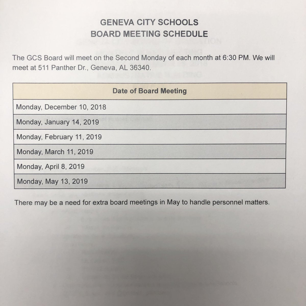 GCS_Super's tweet photo. After an awesome break, we had a great 1st week back @GenevaALSchools. Monday night the GCS Bd of Ed approved a calendar for meetings through May. Join us when can. Please see the calendar attached. Also, make plans to join @geneva_hoops soon. #PantherPride https://t.co/Qau499UgHB