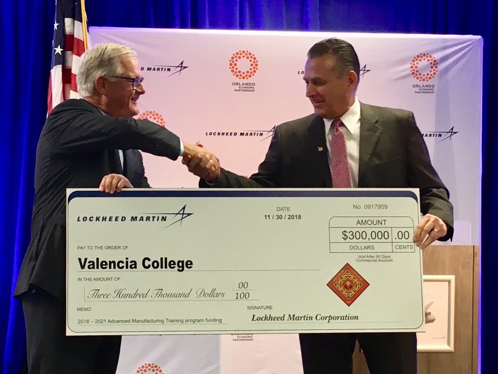 valenciacollege's tweet photo. Valencia president Dr. Sandy Shugart accepted $300,000 from @LockheedMartin for a new @citybeautiful Advanced Manufacturing Training Center and student scholarships. Thank you Lockheed Martin for your tremendous support! @ORLPartnership #ThisIsOrlando https://t.co/AzOWsaS1bj