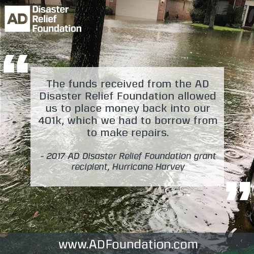 The <a href="/ADHQ_Foundation/">AD Foundation</a> provides emergency financial assistance to those recovering from a natural disaster &amp; we have over a dozen AD Member employees who suffered devastating losses in Hurricane Michael and the California Wildfires. Learn how you can help at adfoundation.com