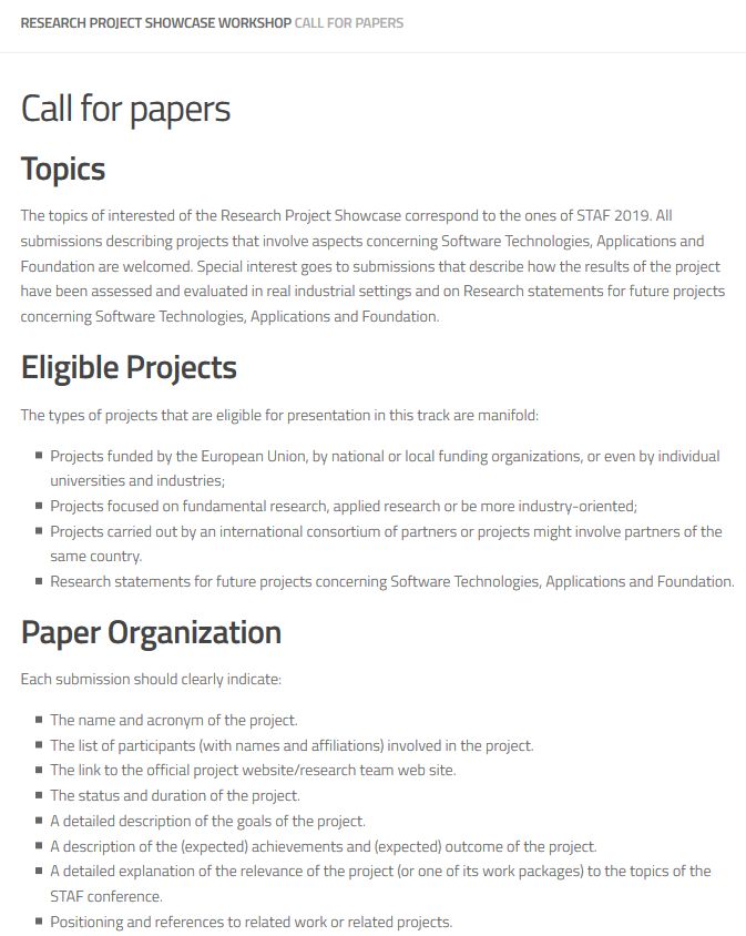 alebagnato's tweet image. STAF-RPS19 CFP, Collaborative Research Projects Showcase at #STAF2019  online at staf2019.win.tue.nl/events/staf-rp… 
with abstract submission deadline: April 5th, 2019. Come to Eindhoven, The Netherlands, on July 15th 2019 and share your project objectives, deliverables and outcomes!!