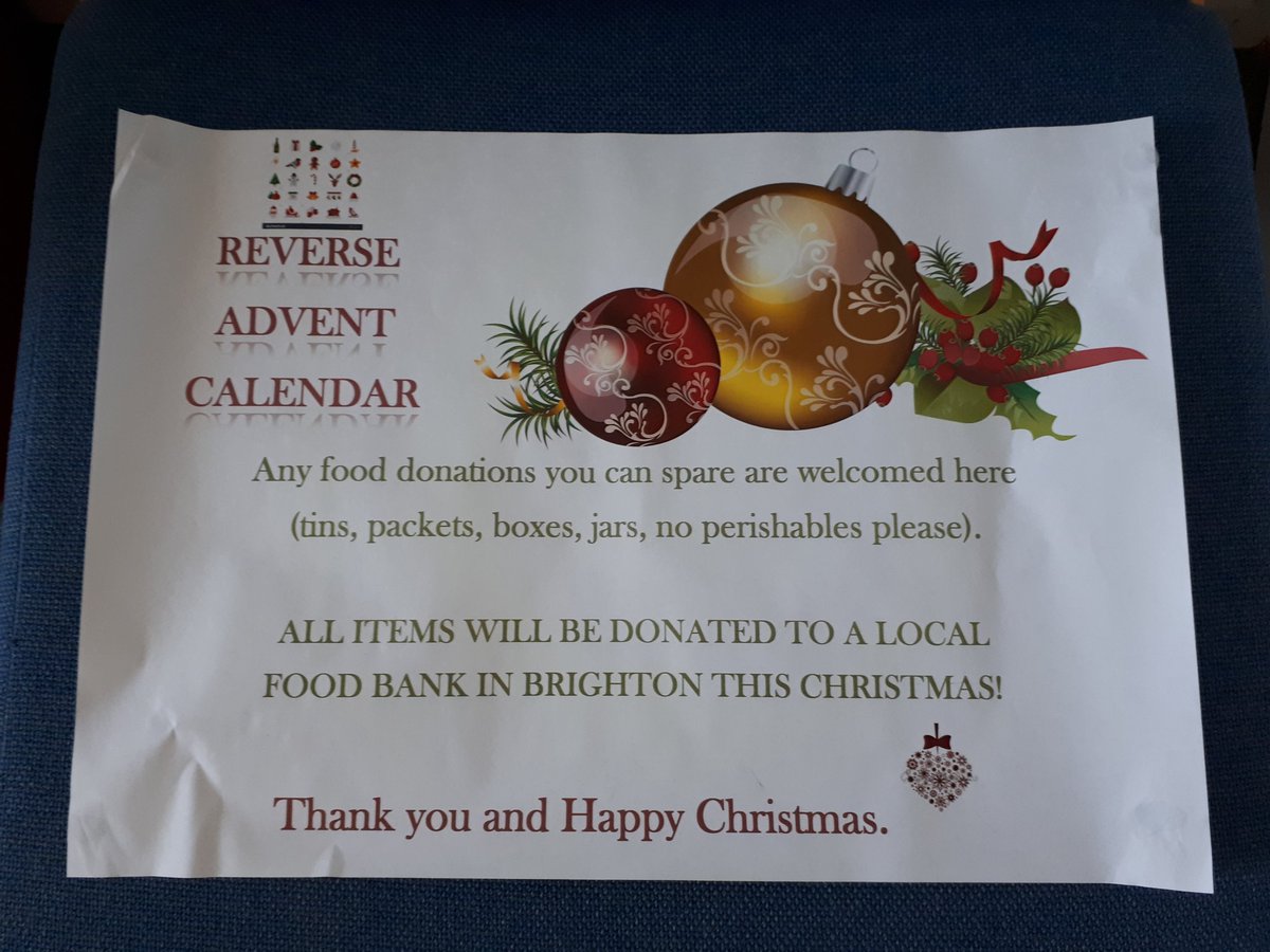 For the 2nd year @nhs_sct we will be collecting for a brighton food bank #ReverseAdventCalendar. 🎄🎁 Please bring donations to BGH, Arundel building, 2nd floor, education corridor. Thankyou👍 <a href="/SandraSpeller1/">Sandra Speller 💙</a> <a href="/mitchellmuir/">⭐️ Cara Mitchell</a> <a href="/ClaireJ2405/">ClaireJones- RN,DN,MSc</a> <a href="/JillDurrant2/">Jill Durrant</a> <a href="/janecorser2/">Jane corser</a>