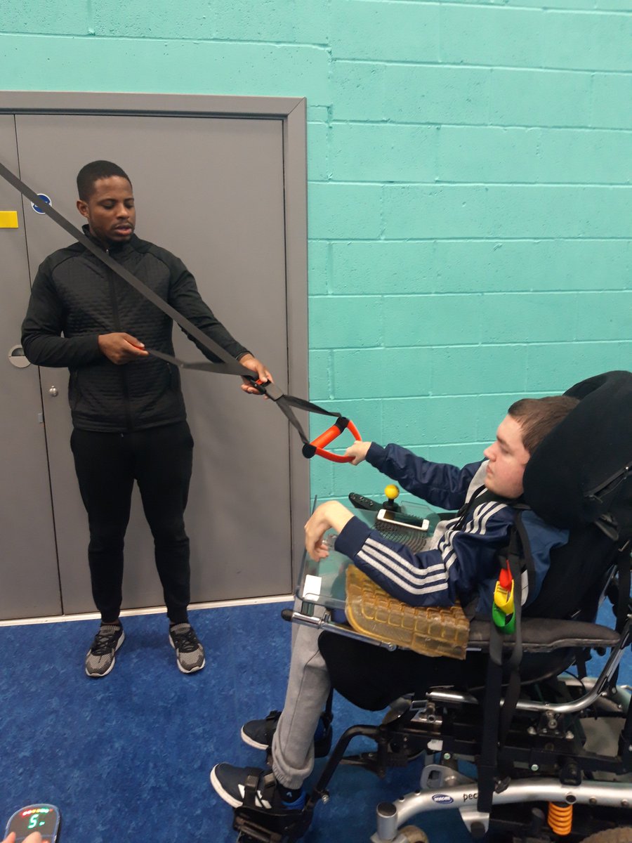 Earlier this week, we welcomed @MikailHuggins back to QAC to do some workshops with our Sport, Powerchair Football and Access to College students! They did various activities including timed circuits and resistance band work, all to build their movement, flexibility and stamina.