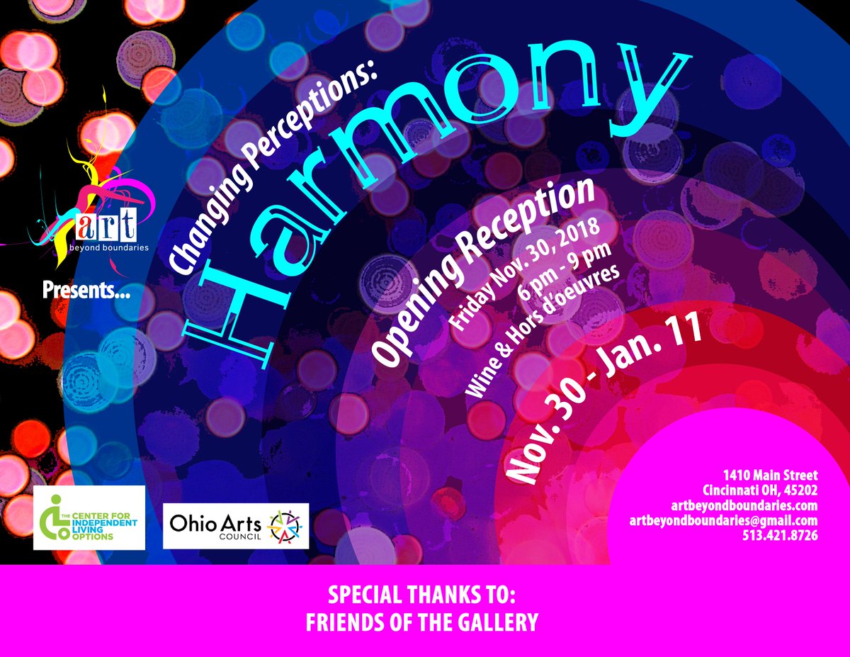 ABBGallery's tweet photo. OPENING TONIGHT! 6 PM - 9 PM 'CHANGING PERCEPTIONS: HARMONY'
@AGCinspires  @OTRCINCY @OTRChamber #localartists #thisisOTR #artbeyondboundaries #nonprofit #supportthearts https://t.co/RH2YcAb8VC