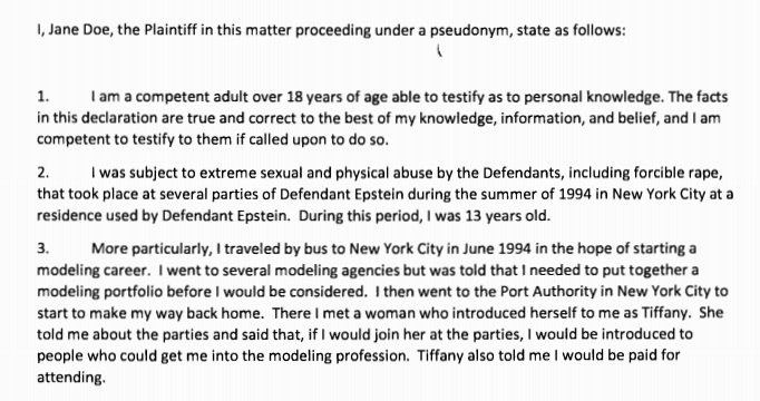 Jane came to New York in June 1994 “in the hope of starting a modeling career.” She soon met "Tiffany," who offered to bring her to parties where she could meet folks in the business - hosted by Epstein.This is eerily similar to tales of recruiters in  @MiamiHerald's reporting.