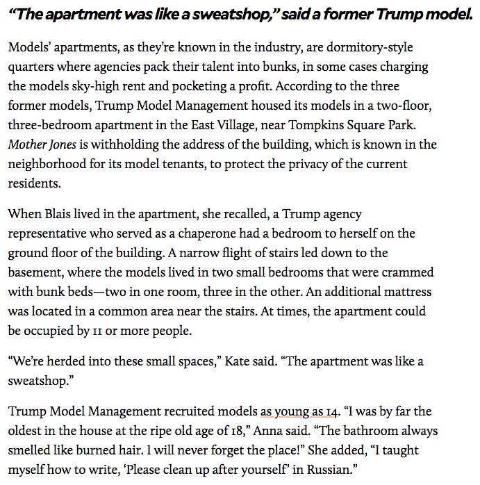 . @MotherJones' description of Trump's modeling agency is eerily similar to parts of Epstein's scheme as well.Though there is less reporting on this, Trump seems to have illegally brought girls as young as 14 to the U.S. to work uncompensated. Sounds a lot like trafficking, no?